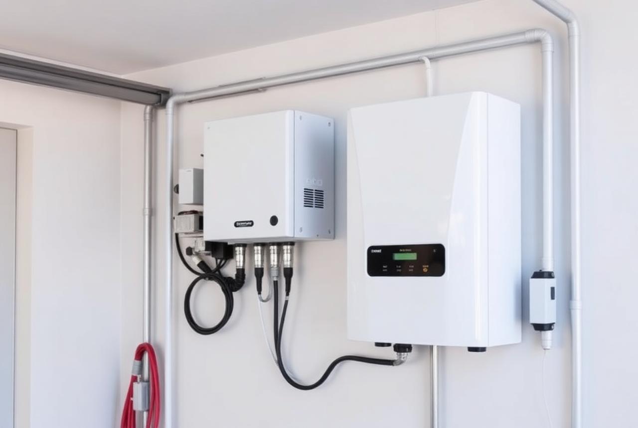 Home solar inverter mounted on a garage wall