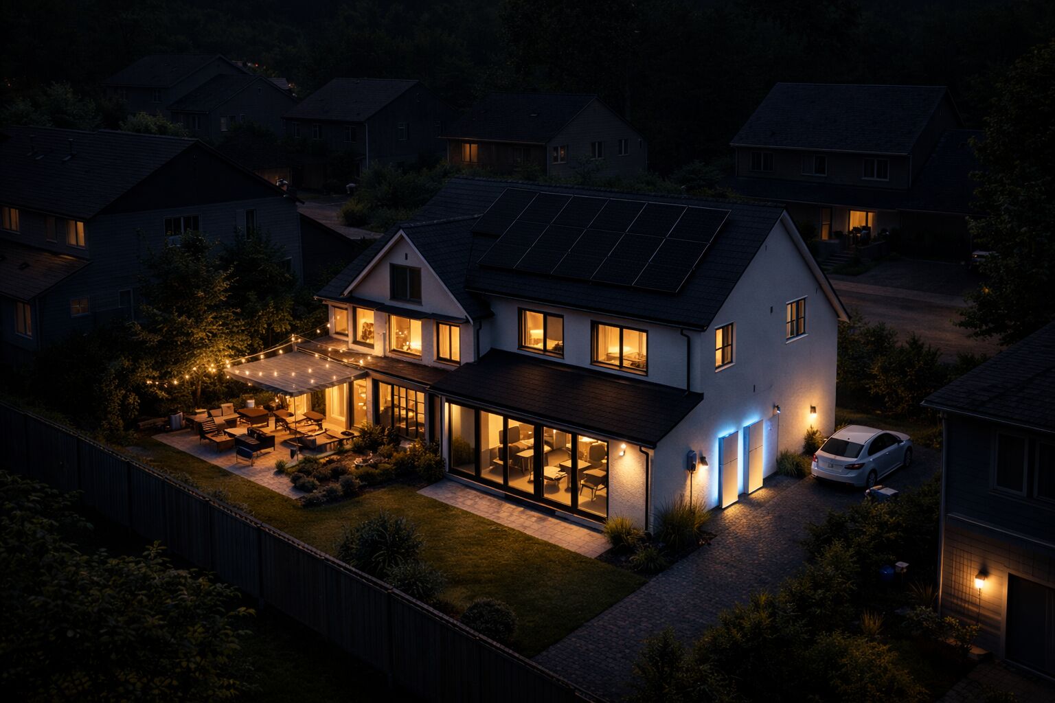 A solar home stays fully lit at night while the surrounding neighborhood is dark during an outage
