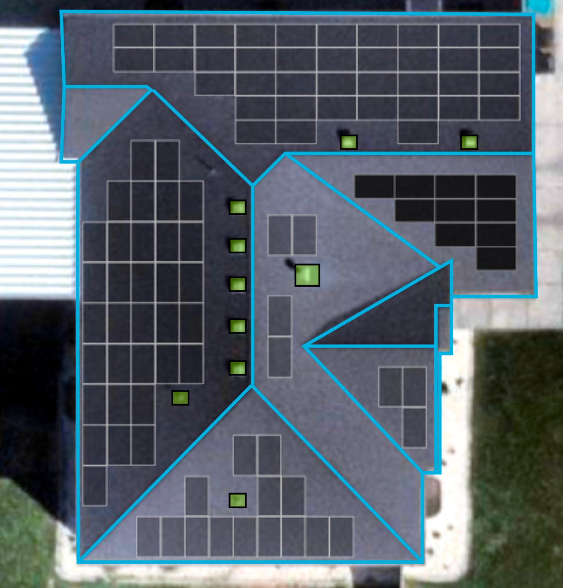 AI-optimized solar panel placement showing roof segments with panels