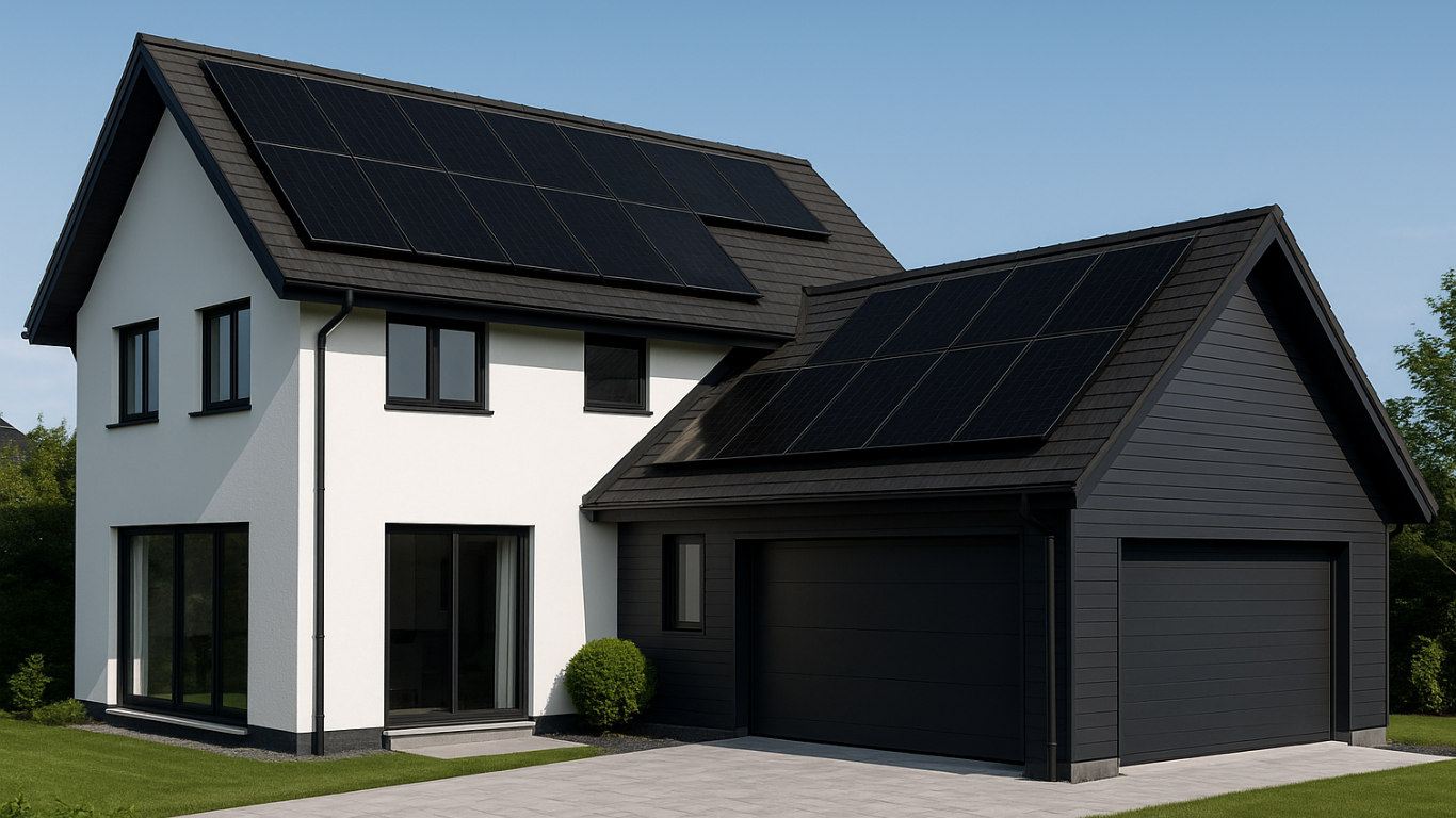 Modern home with black solar panels on roof